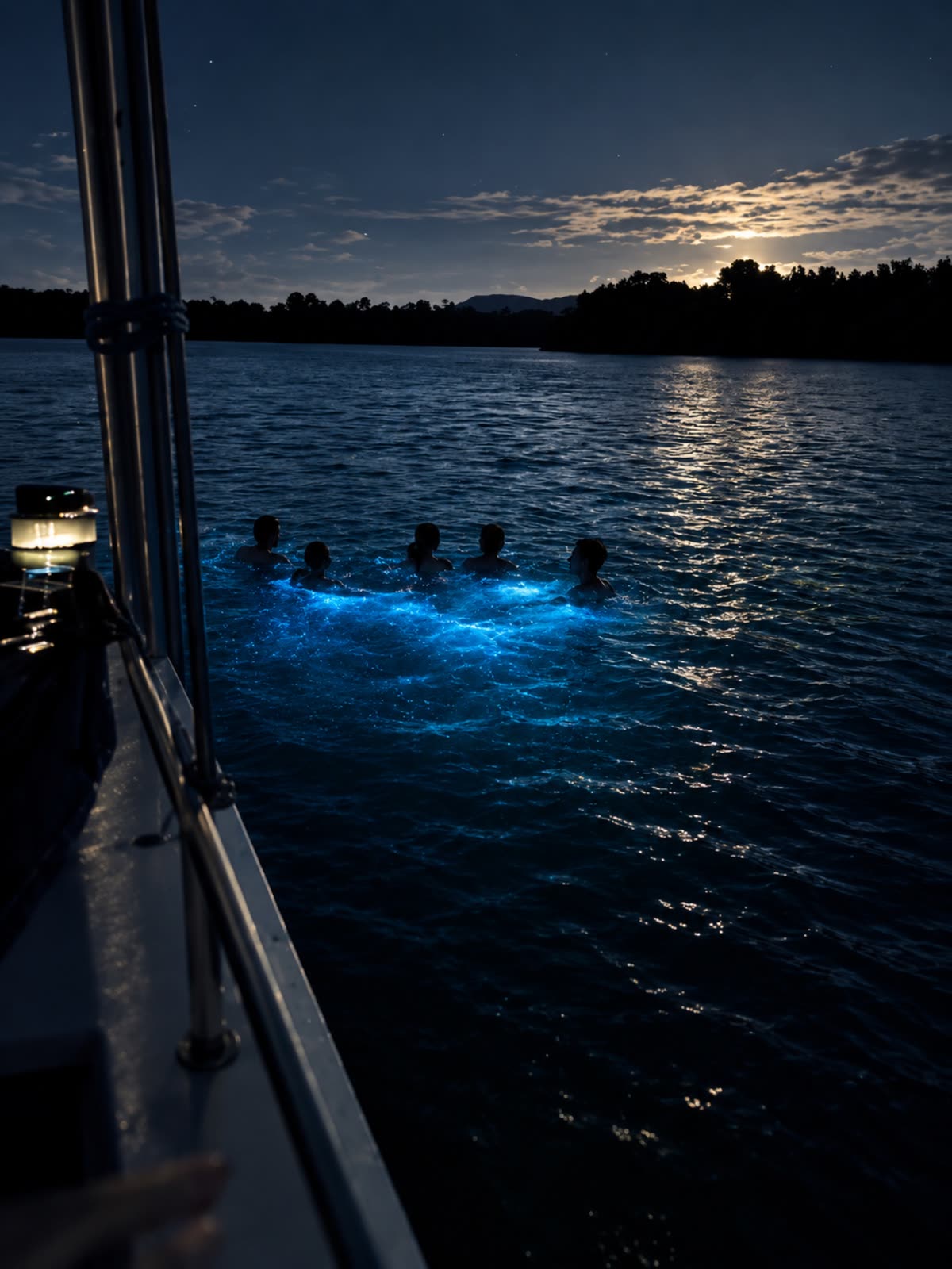 Agua encendida junto a la embarcación